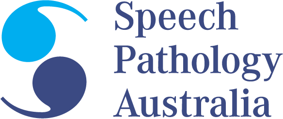 Speech Pathology Australia logo in text with light and dark blue speech marks