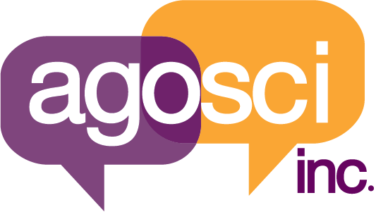 AGOSCI logo with text over two speech bubbles in yellow and dark red
